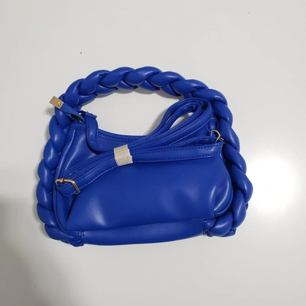 New‎ Braided Handle Vegan Leather Hobo Bag in Blue